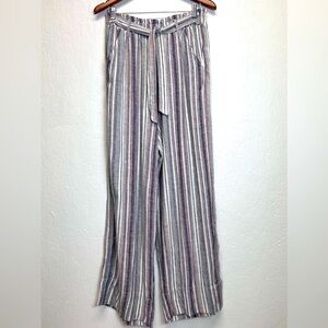 KNOX Rose Striped Paperbag Pants Elastic & Tie Waist Cotton Linen High Rise - L